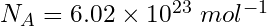 N_A = 6.02 \times 10^{23} \ mol^{-1}